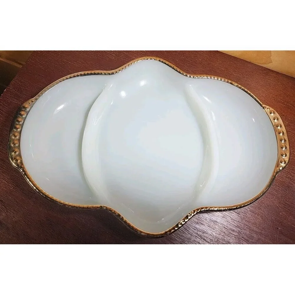 Vintage Fire King White Milk Glass with Gold Trim Divided Dish 3 Section Platter